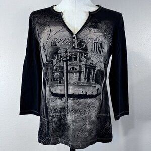 Vtg Blue Canyon Henley Top Womens Sz Large Venice Italy 3/4 Sleeve Black Studded